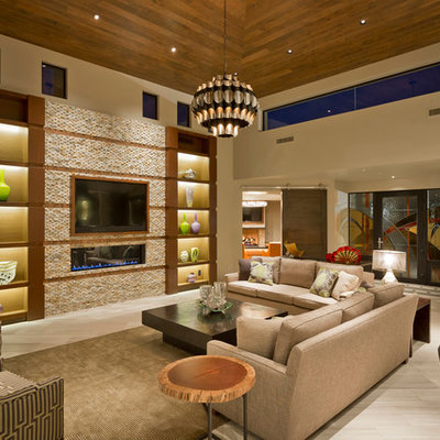 Example of a trendy formal and open concept ceramic tile living room design in Phoenix with beige walls, a ribbon fireplace and a wall-mounted tv