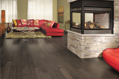 Photo of a contemporary open plan living room in San Diego with dark hardwood flooring.