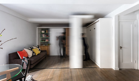 Houzzツアー：36平米の小さなアパートを大きく使う、可動棚を駆使したリノベーション