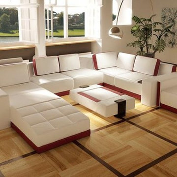Modern Bonded Leather Sectional Sofa Set in White and Red Accents