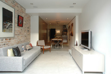 Imagen de salón abierto actual pequeño con paredes blancas, suelo de cemento y televisor independiente