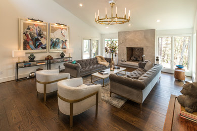 Large transitional open concept and formal dark wood floor and brown floor living room photo in Other with white walls, a standard fireplace, no tv and a stone fireplace