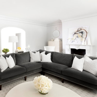 Large transitional formal and enclosed living room photo in San Francisco with white walls, a standard fireplace and a stone fireplace