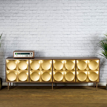 Modern Credenza with gold doors. Mid century modern, walnut sideboard, Hollywood