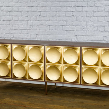 Modern Credenza with gold doors. Mid century modern, walnut sideboard, Hollywood