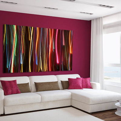 Example of a large trendy medium tone wood floor living room design in Los Angeles with red walls