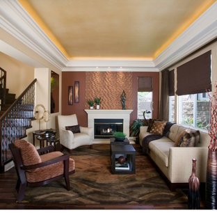 Living room - contemporary living room idea in Orange County with brown walls