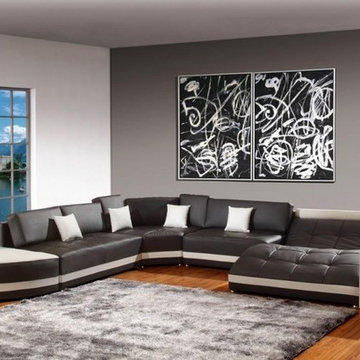 Modern Espresso Bonded Leather Sectional Sofa with White Accents