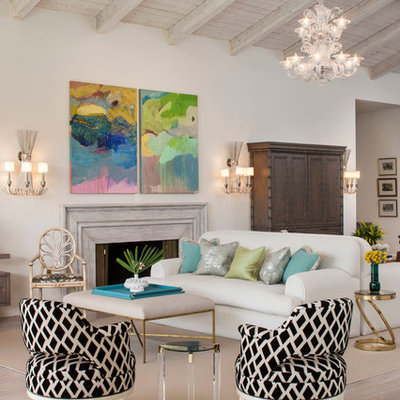 Living room - transitional open concept living room idea in Los Angeles with beige walls and a standard fireplace