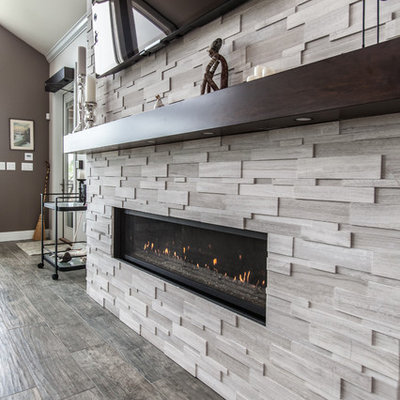 Large transitional porcelain tile and gray floor living room photo in Other with gray walls, a stone fireplace, a wall-mounted tv and a ribbon fireplace