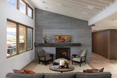Farmhouse open concept light wood floor and beige floor living room photo in San Francisco with white walls, a standard fireplace and a concrete fireplace