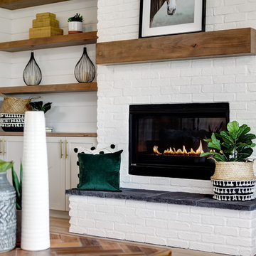 75 Farmhouse Living Room With A Brick, Modern Farmhouse Fireplace Wall Ideas