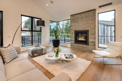 Example of a danish light wood floor living room design in San Francisco with white walls and a ribbon fireplace
