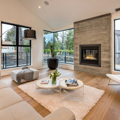 Example of a danish light wood floor living room design in San Francisco with white walls and a ribbon fireplace