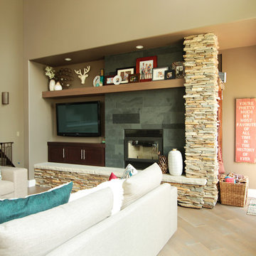 Modern Fireplace with Lots of Texture and TV Storage