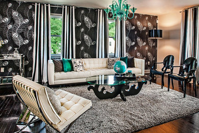 Living room - mid-sized transitional enclosed dark wood floor and black floor living room idea in Baltimore with black walls, no fireplace, no tv and a bar