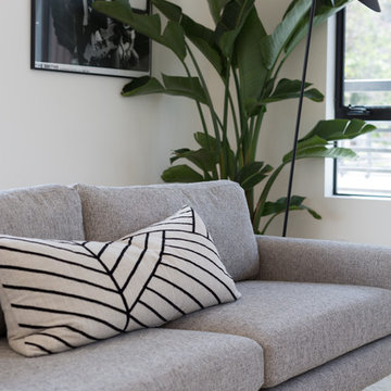 Modern Gray Sofa with Pam Tree and B&W Photography