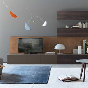 Modern grey livingroom with wood and brown entertainment center