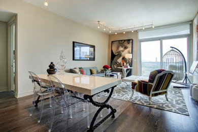 Mid-sized eclectic open concept dark wood floor living room photo in Houston with beige walls