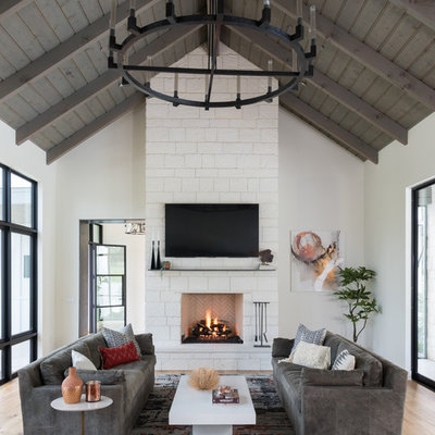 Living room - cottage medium tone wood floor and brown floor living room idea in Austin with white walls, a standard fireplace, a stone fireplace and a wall-mounted tv