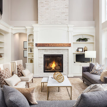 Modern Home Living Room with Brick, Wood Accents & a Fireplace
