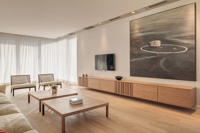 Inspiration for a contemporary living room in Other with light hardwood flooring.