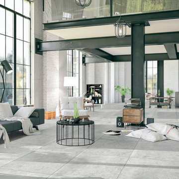 Modern industrial living room with grey porcelain tile