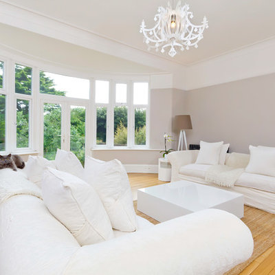 Inspiration for a contemporary light wood floor living room remodel in Sussex with gray walls and no fireplace