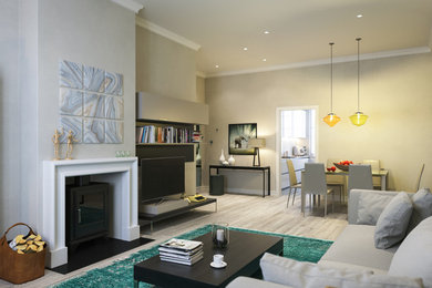 Medium sized contemporary open plan living room in London with grey walls, light hardwood flooring, a wood burning stove, a stone fireplace surround and a freestanding tv.