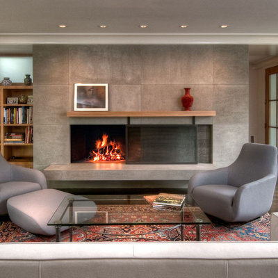 Living room - zen living room idea in Boston with gray walls and a standard fireplace