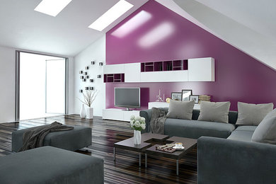 Example of a mid-sized trendy open concept dark wood floor and brown floor living room design in Los Angeles with purple walls and a tv stand