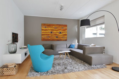 Foto de salón actual de tamaño medio sin chimenea con paredes grises, suelo de madera clara y televisor colgado en la pared