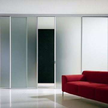Modern living room with frosted sliding interior doors
