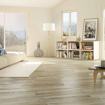 Modern living room with light colored wood look porcelain tiles