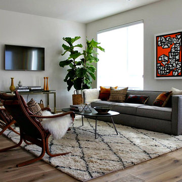 Modern Living Room with Moroccan Shag and Orange Floor Lamp