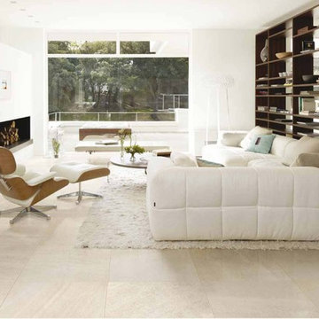 Modern living room with white porcelain tiles