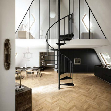 Modern livingroom with light wood look chevron tile