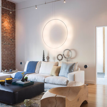 Modern Loft, White Warehouse Living Room with Exposed Brick