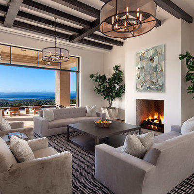 Living room - large contemporary formal and open concept light wood floor living room idea in Santa Barbara with white walls, a standard fireplace and no tv