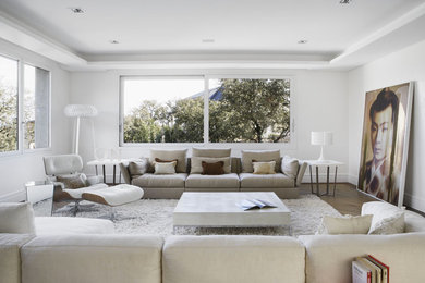 Photo of a contemporary living room in Madrid with white walls, no fireplace and no tv.