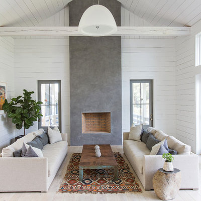 Living room - scandinavian formal light wood floor living room idea in Charleston with white walls, a standard fireplace and a concrete fireplace