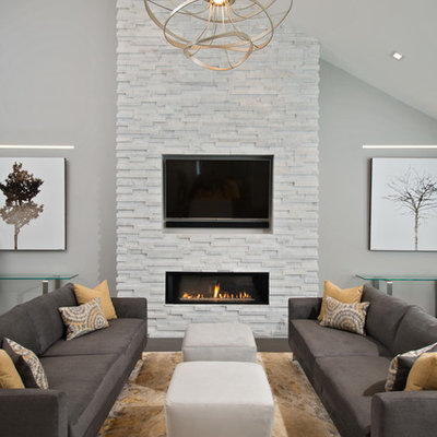 Inspiration for a contemporary living room remodel in Boston with gray walls, a ribbon fireplace and a wall-mounted tv