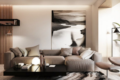 Modelo de salón cerrado moderno de tamaño medio con paredes blancas, suelo de madera clara y televisor colgado en la pared
