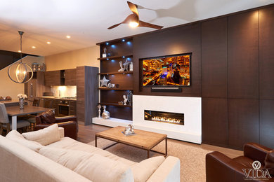 Modern Style, Dark Stained Quarter Rift Oak Family Room Shelving and Cabinetry
