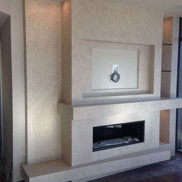 Modern Taj Mahal Quartzite Custom Fireplace Wall