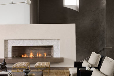 Example of a trendy living room design in Austin with black walls, a ribbon fireplace and no tv