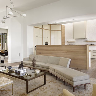 Inspiration for a contemporary open concept living room remodel in Austin with white walls