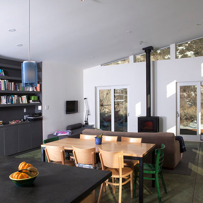 Living room - contemporary concrete floor living room idea in Albuquerque with a wood stove