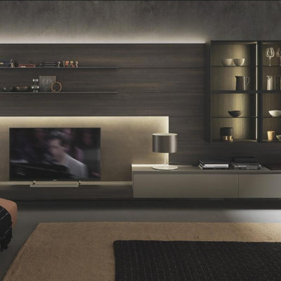 Minimalist living room photo in Boston with a media wall