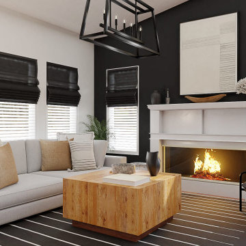 Monochromatic Mid-Century Modern Dark Coastal Living Room
